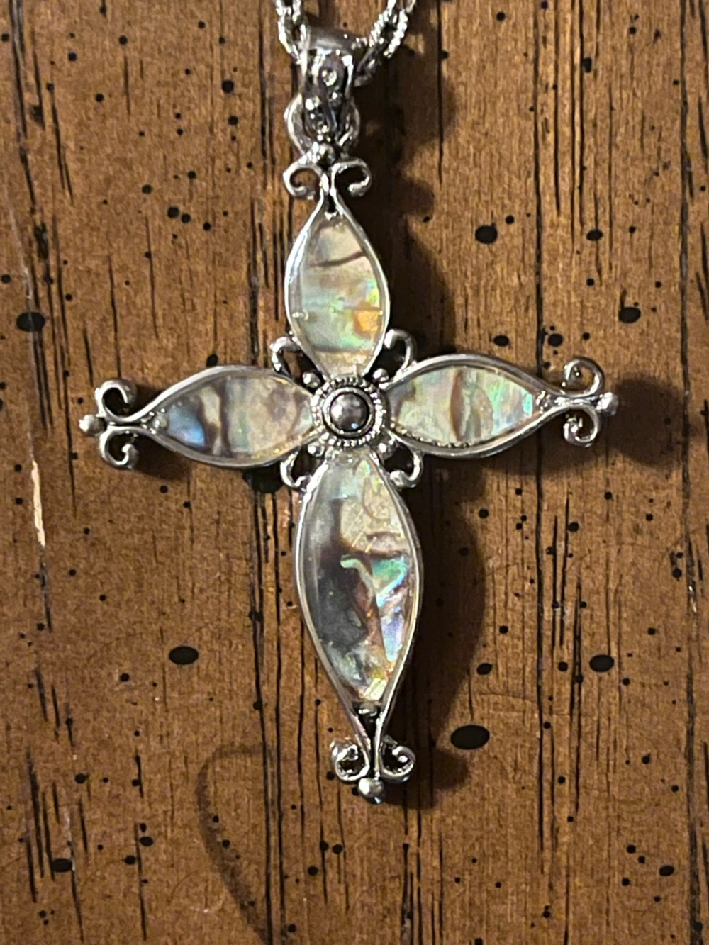 Cookie Lee Silver Plated Reversible Mother of Pearl Cross Charm Rope Necklace